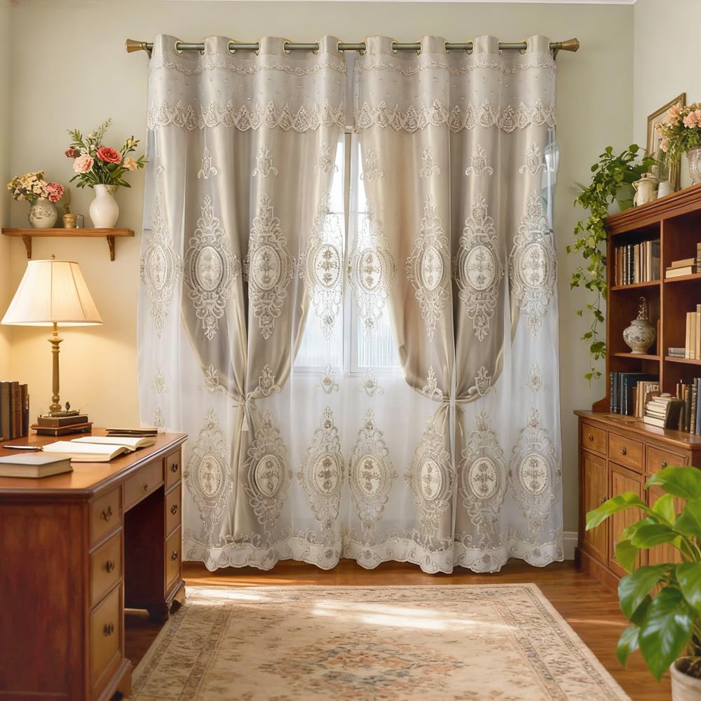 Amidoudou europäische, doppellagige Vorhänge für Wohnzimmer, Schlafzimmer, luxuriös, mit 3D-Blumen bestickte Vorhänge mit Volant, 1 Paar, (Gold, 132,1 × 243,8 cm)