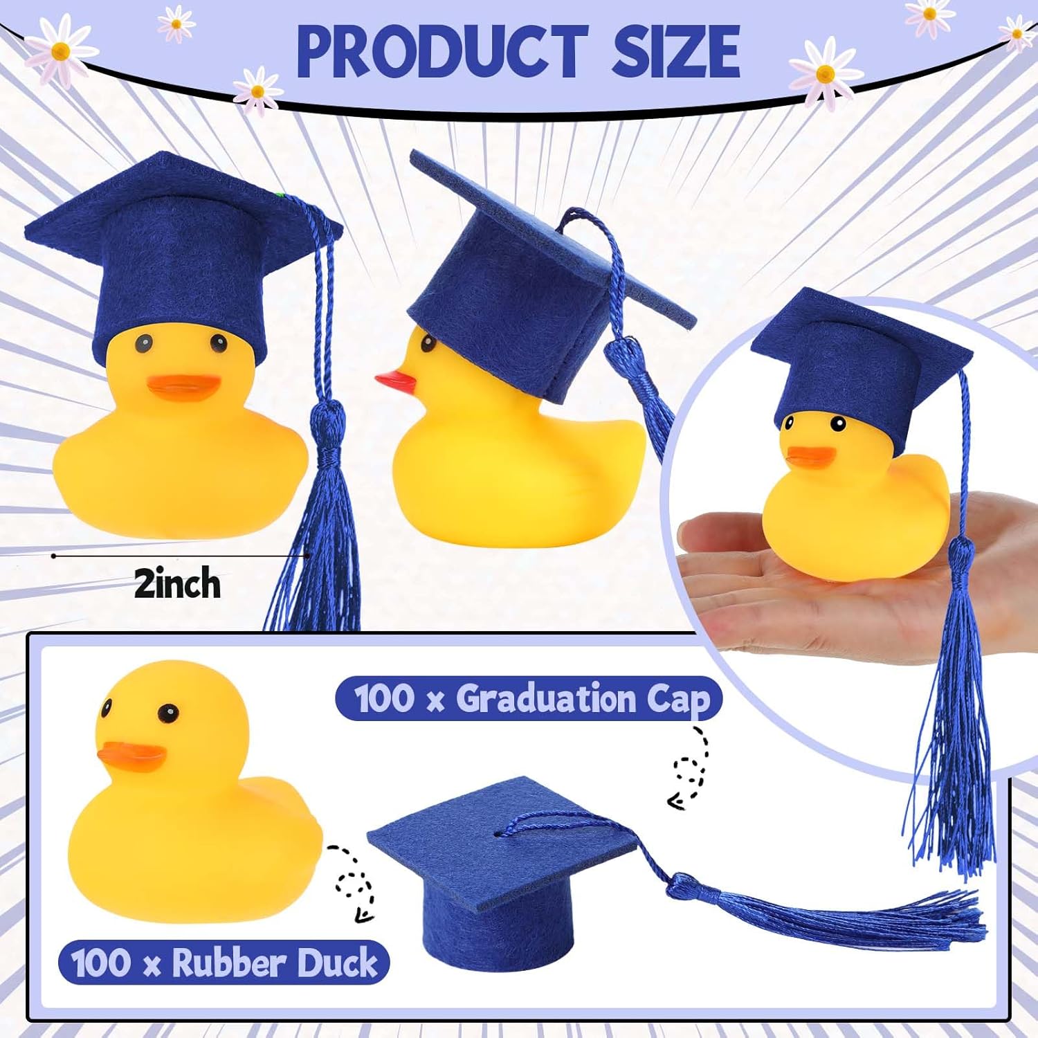 Jerify 100 Pcs Graduation Rubber Ducks with Cap 2026 Graduation Party Bath Rubber Duck Car Duck for Grad Gifts Party Car Dashboard Decoration (Blue Tassel)