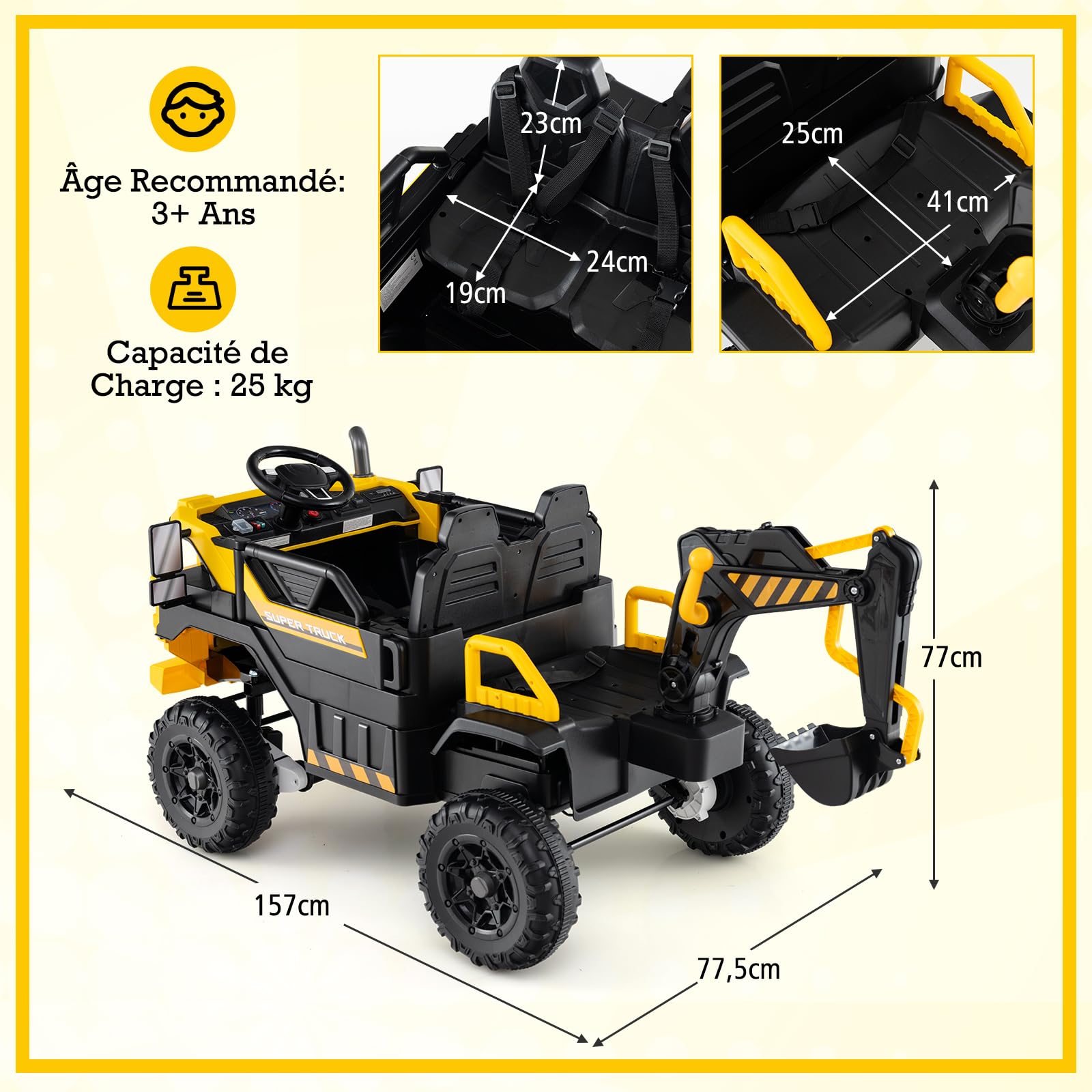 COSTWAY 24V Voiture Excavatrice Électrique Enfant avec Télécommande & Pelle, Camion Électrique 2 Places avec Musique & Lumières & Klaxon, 2,6-5km/h, Charge 25kg, Tracteur pour 3 Ans+, Jaune