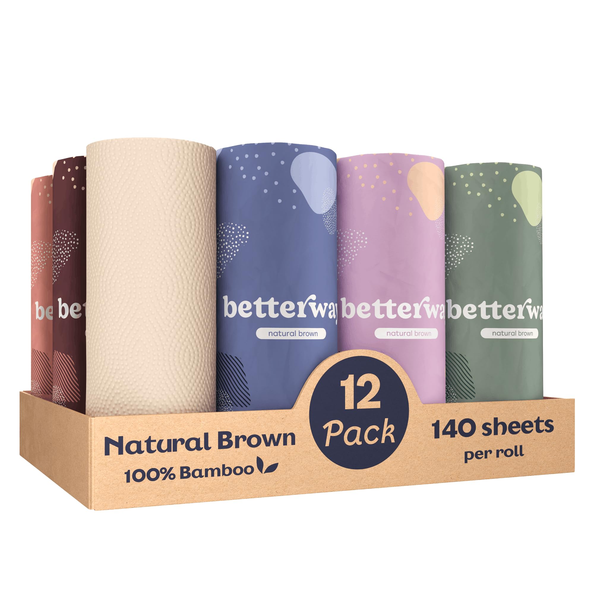Betterway Bamboo Paper Towels 12 Pack - Unbleached, Non Toxic, PFAS Free - 140 Sheets/Roll, 2-Ply, No Plastic, No Dyes, Eco Friendly, Compostable, Sustainable, FSC Certified, Natural Brown