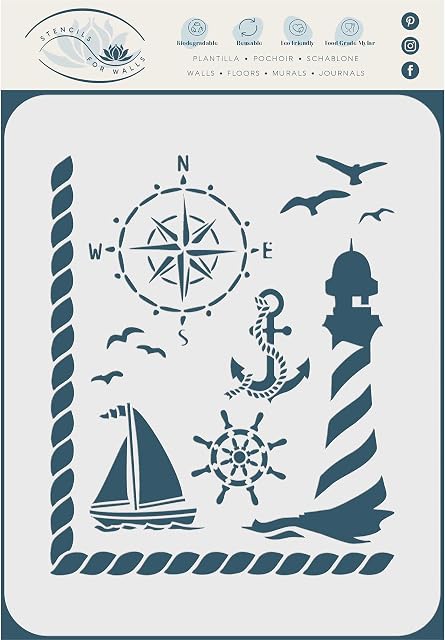 Nautical Stencil, 16.5 x 19 cm (M) - Ocean Seashore Lighthouse Compass Lifebuoy Ships Wheel Stencils for Painting Template