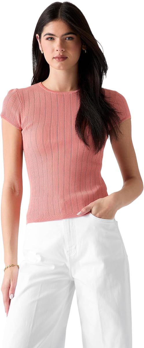 Guess Women's Short Sleeve Rib Pointelle Mix Kara Sweater