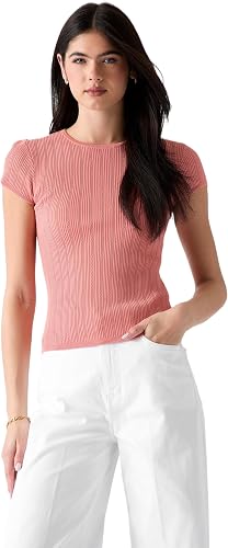 GUESS Womens Short Sleeve Rib Pointelle Mix Kara Sweater, Pearl Oyster, Extra La