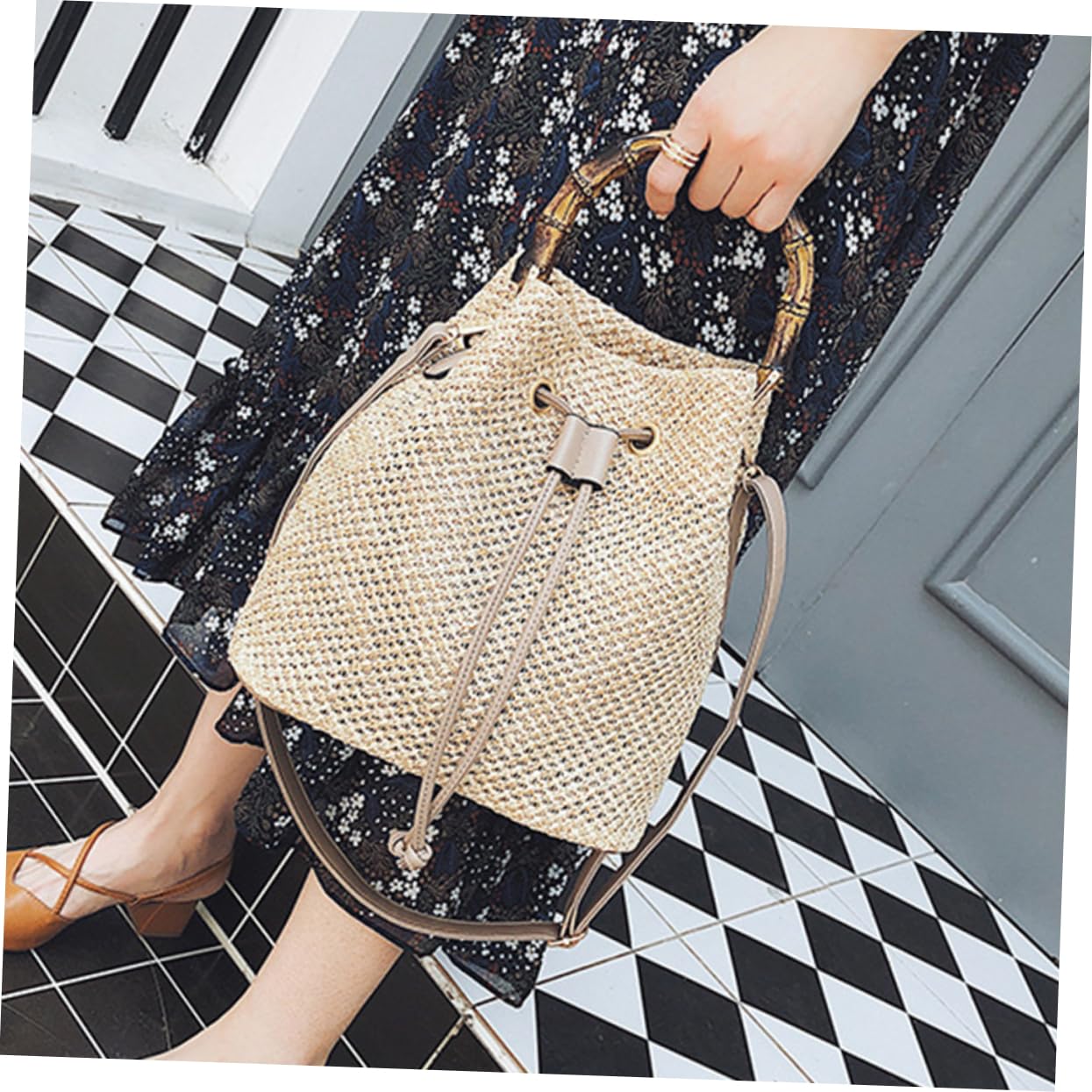 GALPADA Borsa Secchiello Donna Intrecciata Khaki in Lino e Poliestere | Tracolla Regolabile, Formato a Cestello, Adatta per Party e Uso Scolastico
