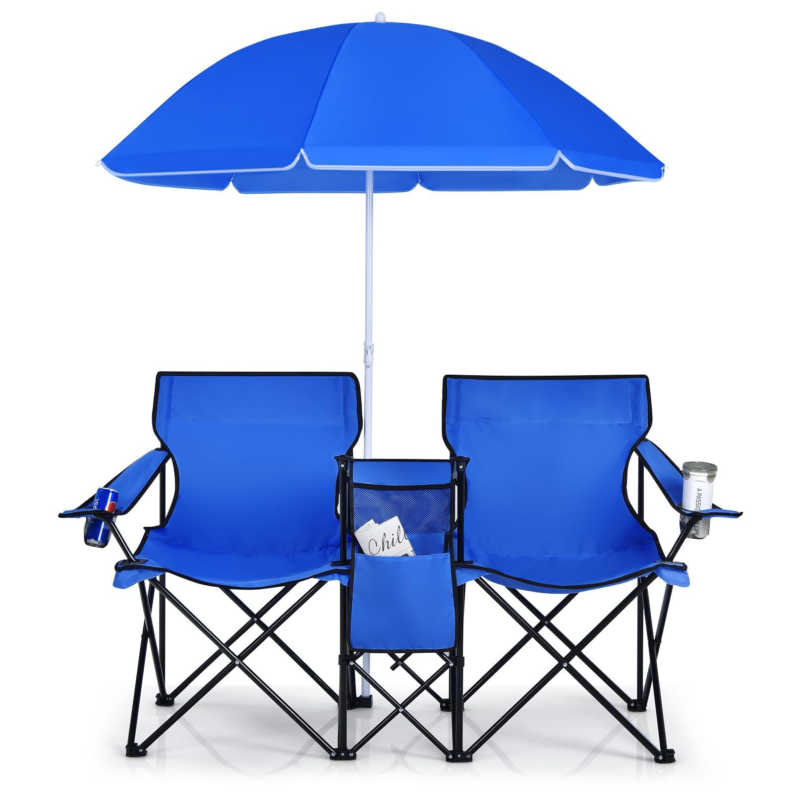 FANTASK Chaise de pêche Pliable avec Un Parasol Amovible, 2 Places, Chaise de Camping avec Sac de Transport, Chaise Pliante