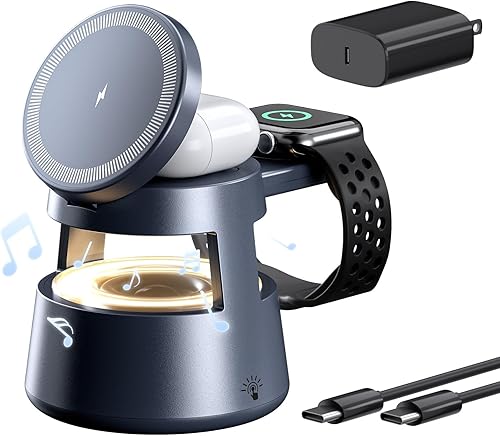 Estación de carga 3 en 1, cargador inalámbrico magnético con luz nocturna y altavoz para soporte de cargador MagSafe de Apple, estación de carga