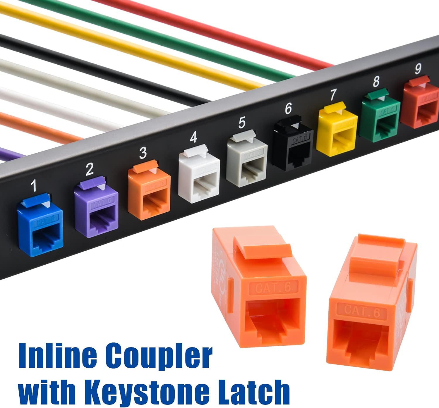 Cat.6 RJ45 Inline Coupler with Keystone Latch, Female-Female [6-Micron Gold Plated] (50-Pack, Orange)