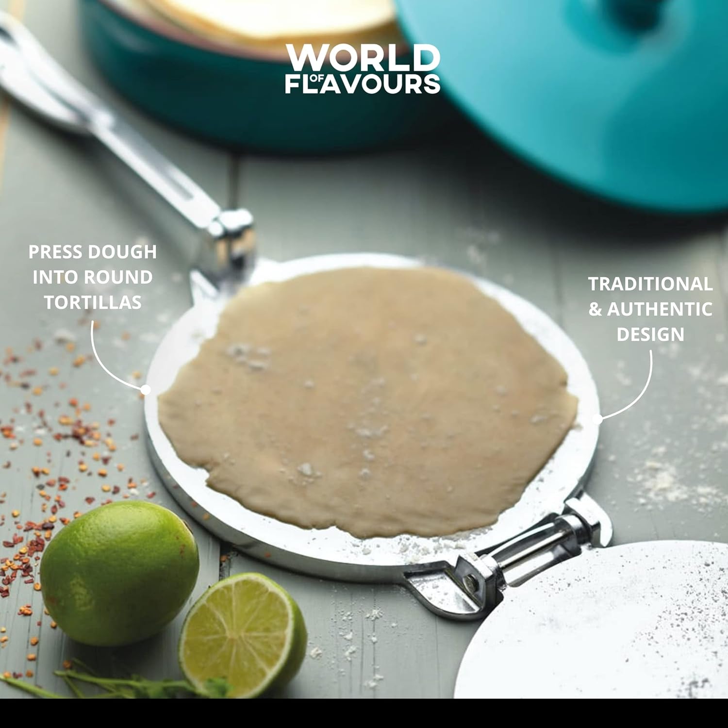 KitchenCraft World of Flavors Mexican Tortilla Press in Gift Box, Aluminium, Silver Color, 2 x 25 cm