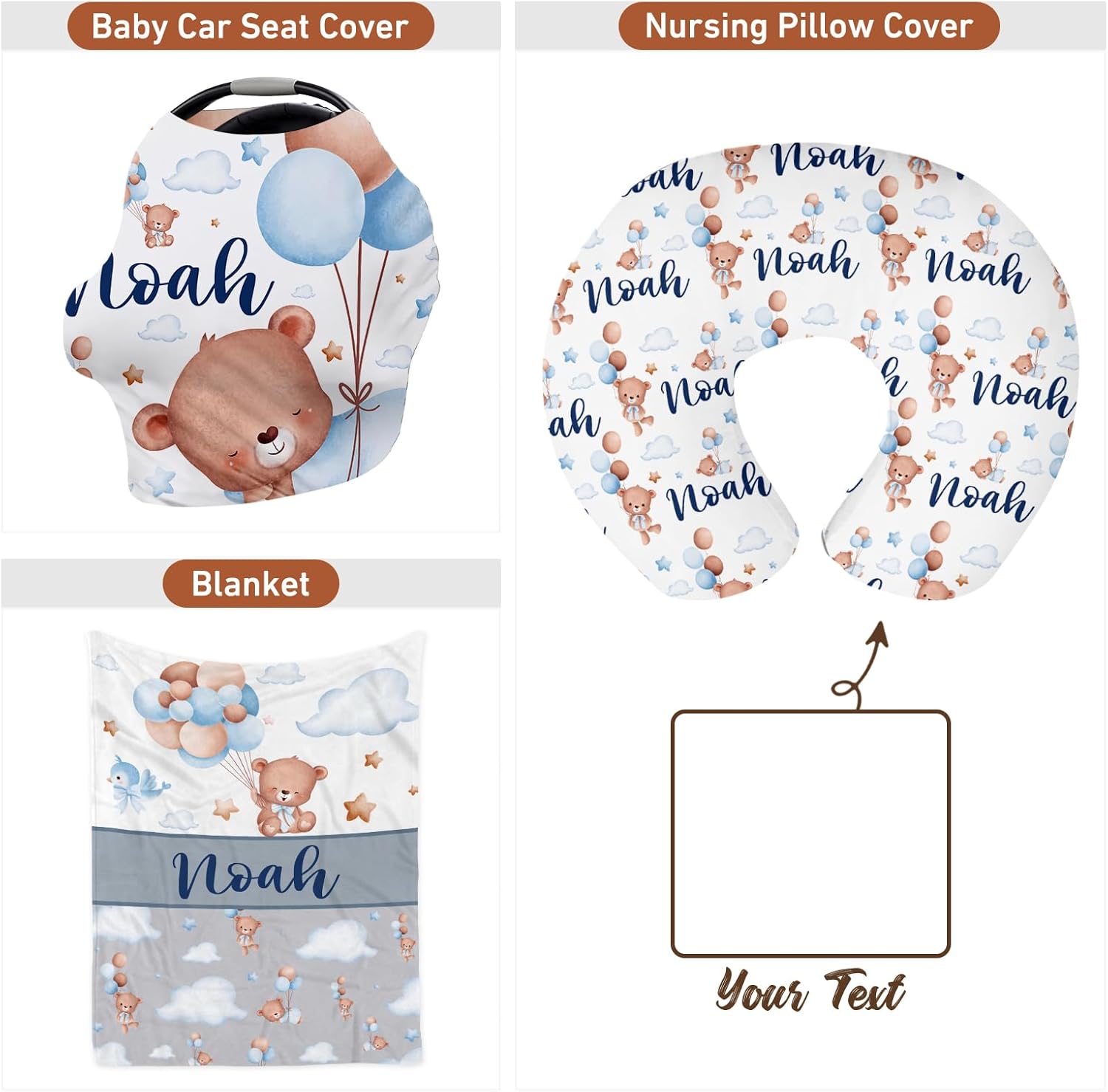 Custom Crib Bedding Set for Newborn 3 Pieces: Personalized Name Crib Bedding Set Including Blanket Pillowcase and Baby Car Seat Cover, Personalized Baby Gift Bear Crib Sets for Boys
