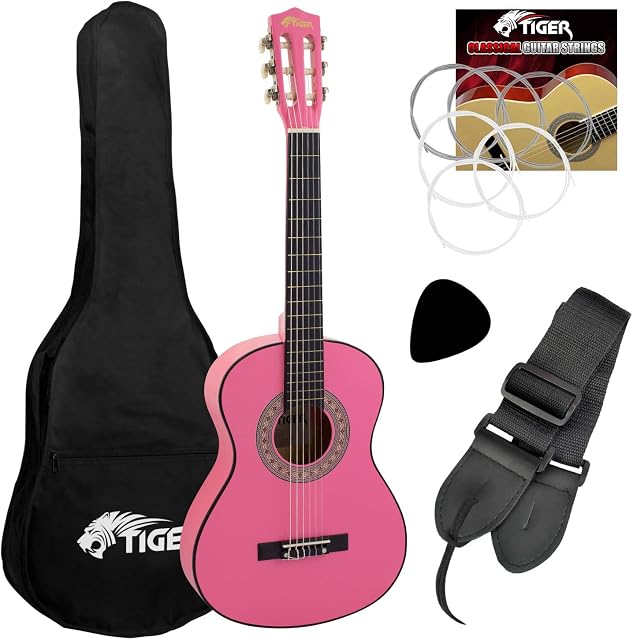 TIGER CLG6-PK 1/2 Size Kids Classical Guitar Pack - Includes Gig Bag, Spare Nylon Strings and Guitar Pick - Pink