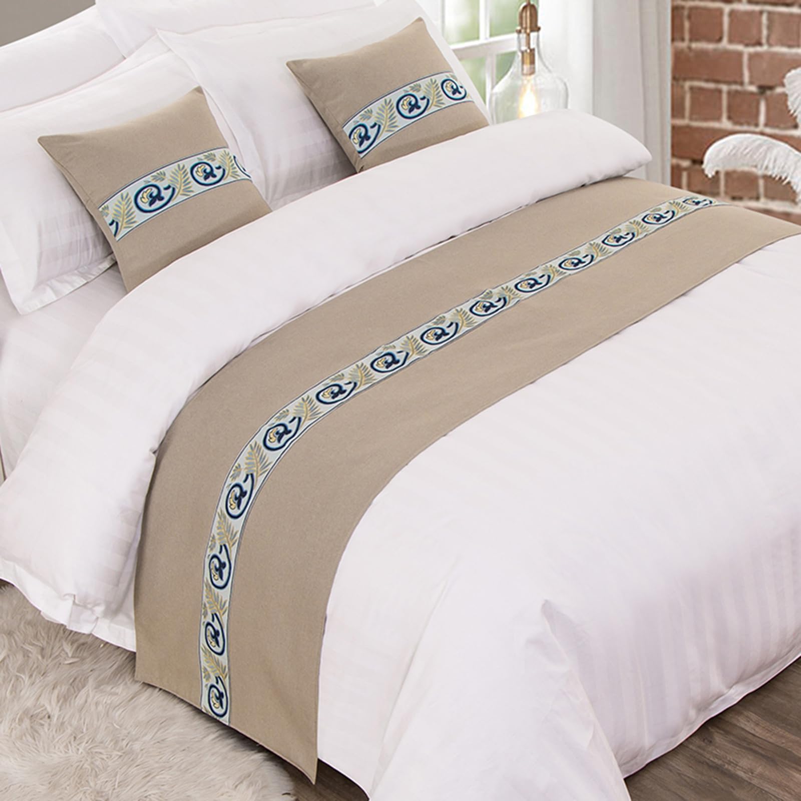 QRGMKL Graphic Print Bed Runners King Size, Luxury Bed Scarf Double Bedspread for Bedroom Hotel Home Decoration-Beige Yellow||240X50cm for 1.8m Bed