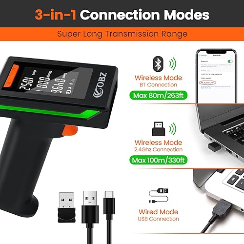 Miniatura 3 de OBZ Escáner de código de barras Bluetooth 2D con pantalla grande, compatible con 2.4G inalámbrico y Bluetooth y cable USB, conecta teléfono