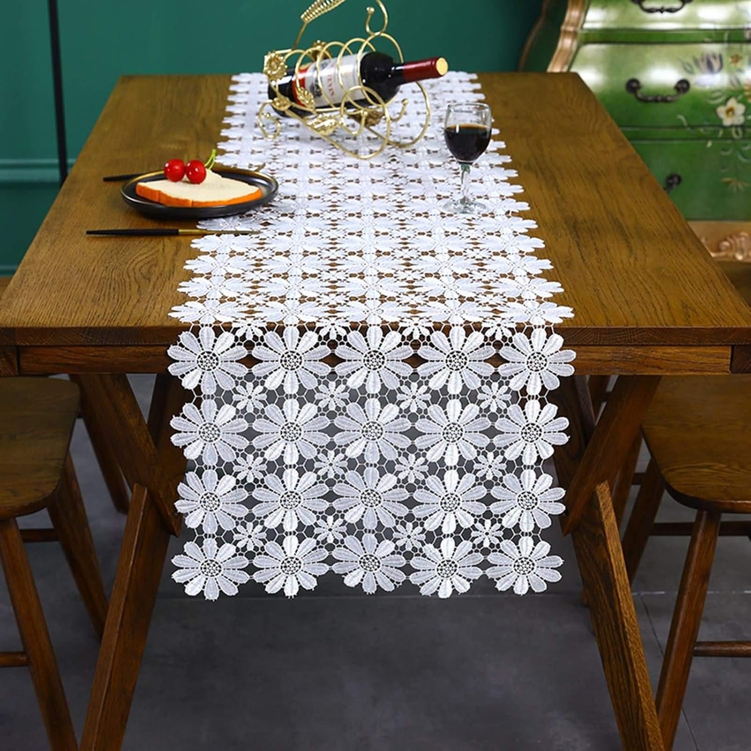 Wedding Table Runner,40x250CM,Hollow Flowers with Lace Table Runner Modern Polyester,Table Runner Decor White
