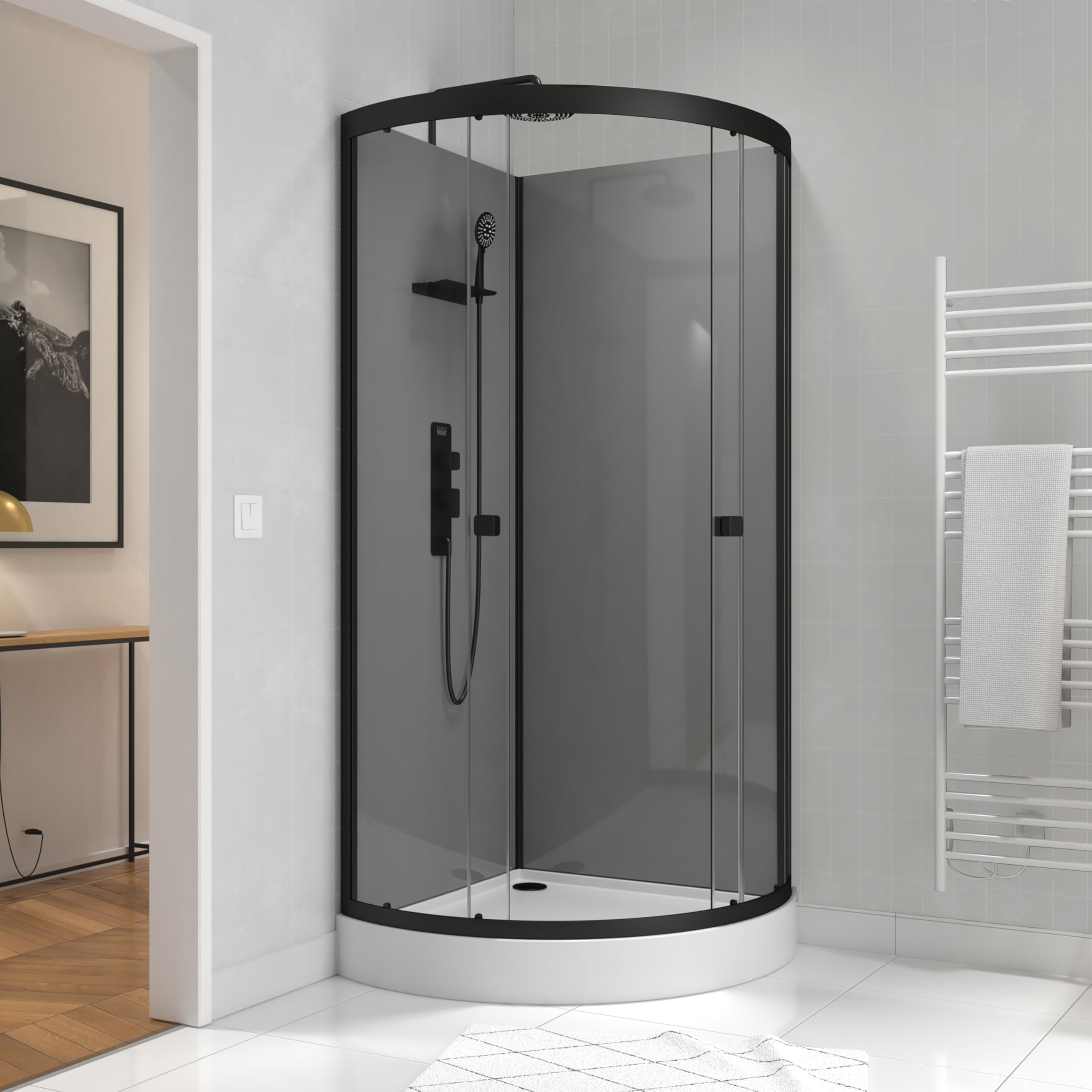Marwell ducha completa gris estilo redondo 215 x 90 x 90 cm – cristal templado 5 mm – aluminio – estante – efecto lluvia