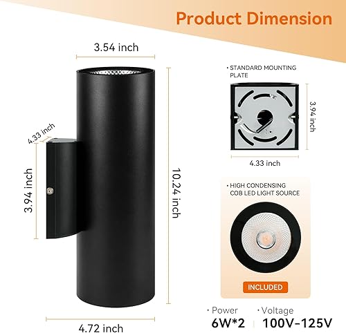 Miniatura 8 de JO.KO Luces de pared cilíndricas para exteriores, paquete de 2 luces de pared cilíndrica de 2700 K de color blanco cálido en 2 luces, aplique de