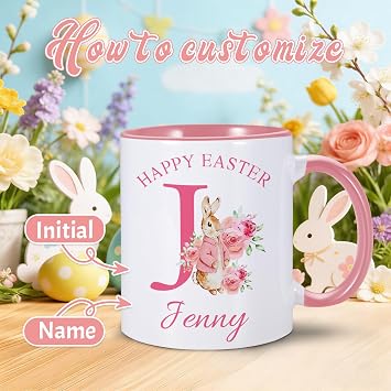 Personalized Easter Mug For Kids Boys Girls Adults Family, Custom Bunny Coffee Mug With Initial Name, Easters Bunny Gifts Cute Rabbit Mug Cup, Easters Basket Stuffers Party Favor, Spring Coffee Mugs