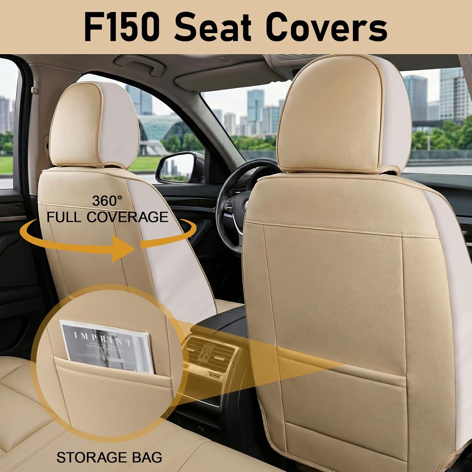 ford f150 car seat covers full set, waterproof faux leather seat protectors custom fit 2009-2026 f150 & 2017-2026 f250 f350 f450, compatible with regular cab super crew cab truck (beige) beige fullset
