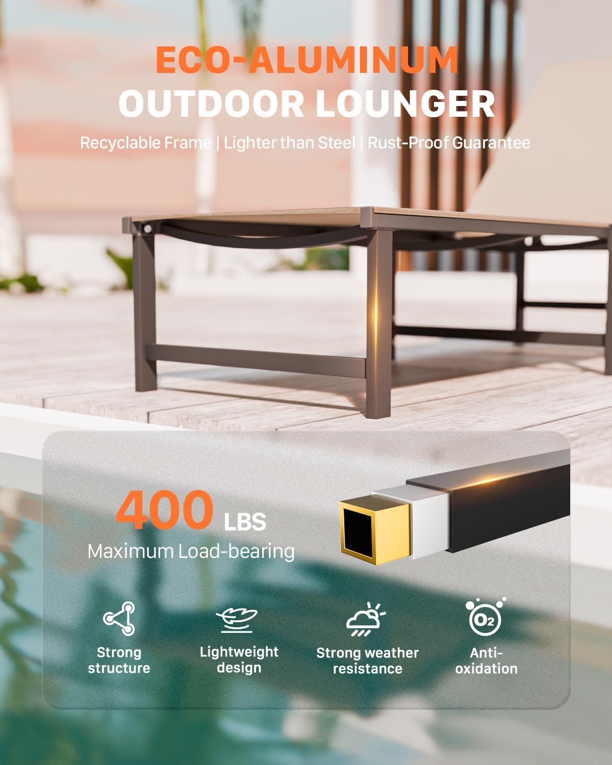 Chaise Lounge Chair Outdoor,Aluminum Patio Lounge Chairs,Lounge Chairs with 5 Adjustable Backrest and Headrest Pillows for Outside Beach,Khaki