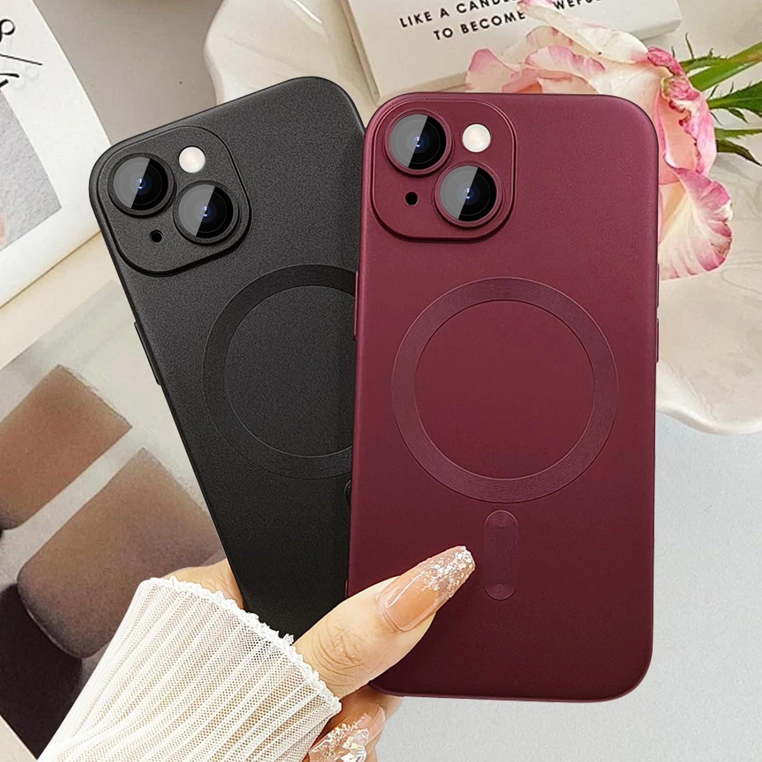 Magnetic Case for iPhone 15 Phone Case for Women, Matte Luxury Soft Metallic Luster Design with Camera Lens Protector, Compatible with Magsafe Case for iPhone 15 6.1"-Red Wine - Image 3