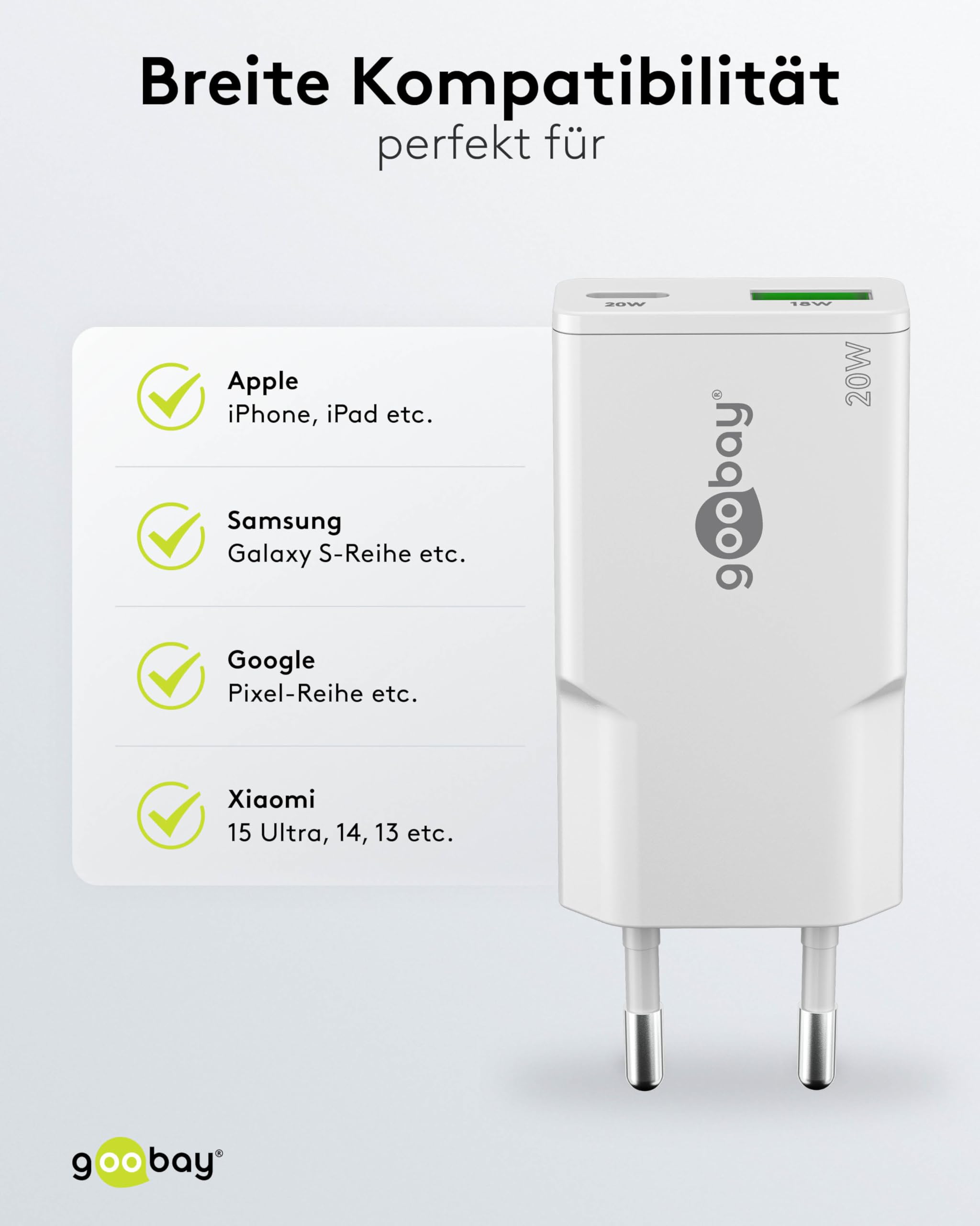goobay Caricatore rapido USB-C PD GaN Slim 20 W (bianco), Power Delivery, connettore USB-A Quick Charge, alimentatore di rete per smartphone e tablet – 75730