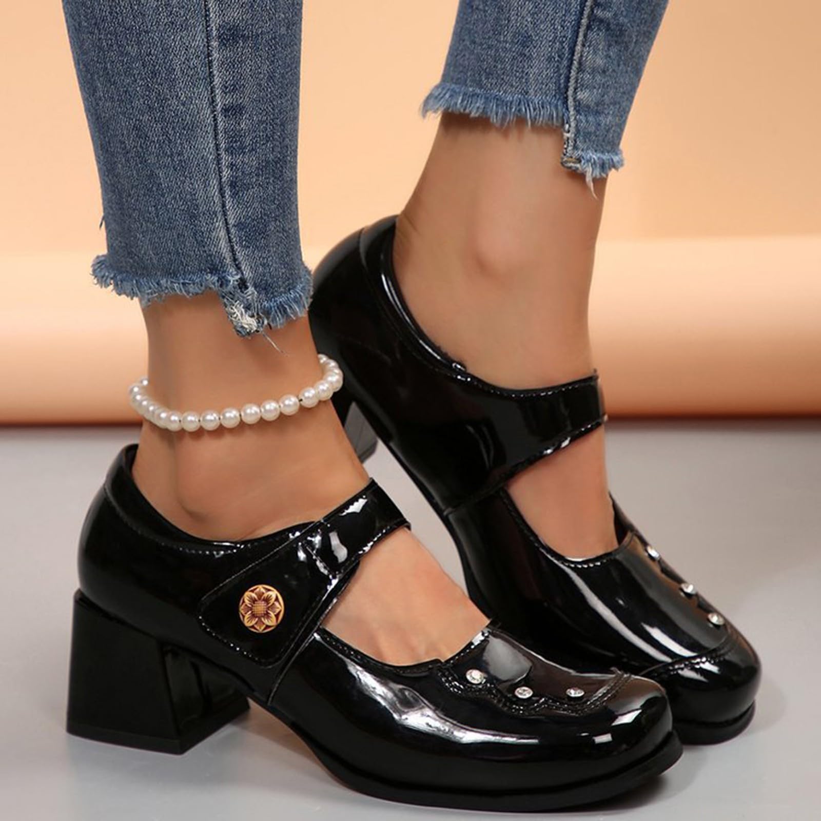 Pumps Damen Blockabsatz Mary Jane Schuhe High Heel Kleid Schuhe Elegante