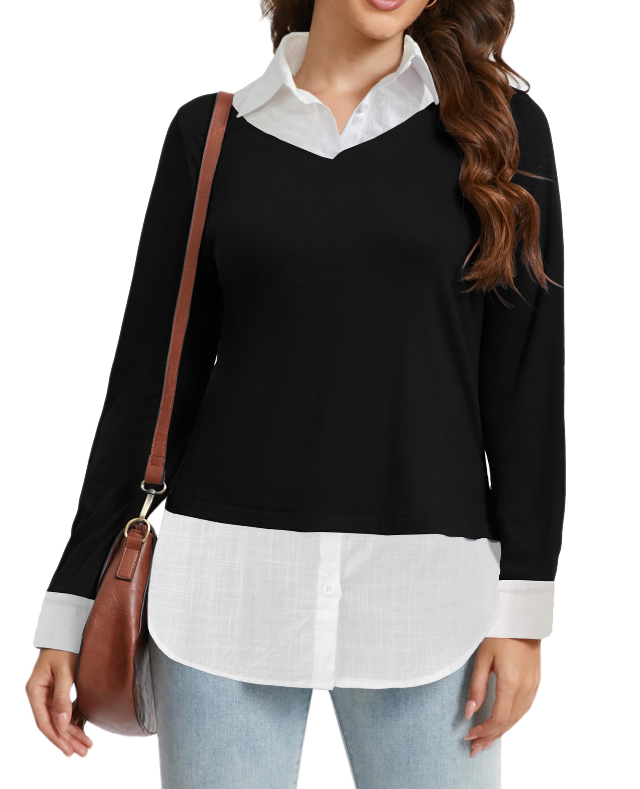 Oyamiki Maglia a maniche lunghe da donna in cotone con colletto camicia, blocco di colore, scollo a V, casual, elegante, per autunno e inverno