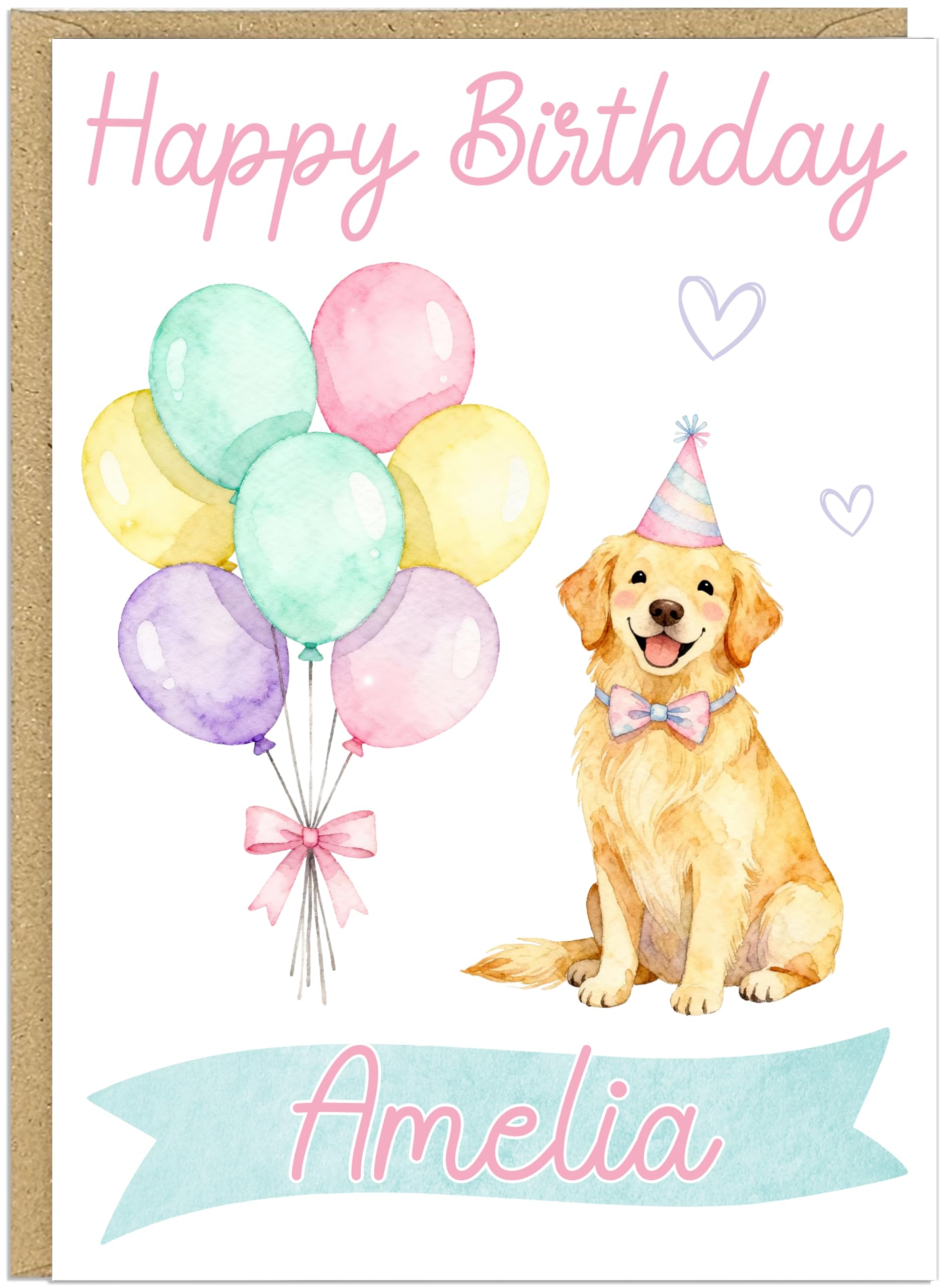Personalised Happy Birthday Dog Breed Card - Custom Add Own Name Cute Puppy Dog Breed Design - Fun Pastel Puppy Birthday Greeting Cards for Girls Kids Teens Granddaughter (Golden Retriever 2)