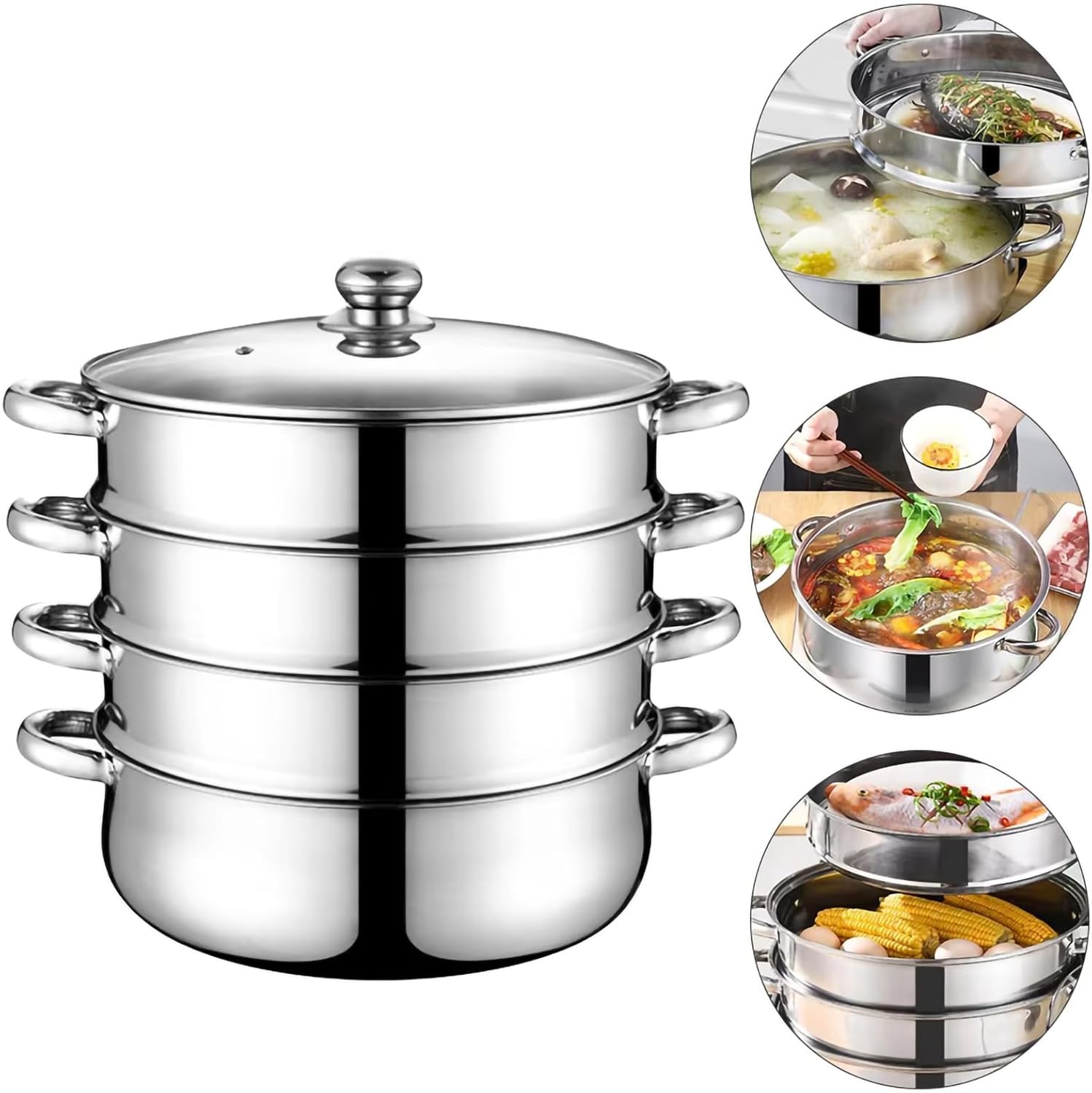 4 Tier Stainless Steel Food Steamer, Vegetable Set Layer Steamers Pots, Concave Induction Cooker Special Pot, Visual Lid +Steamed Slices, for Steaming, Boiling, Stewing,Natural
