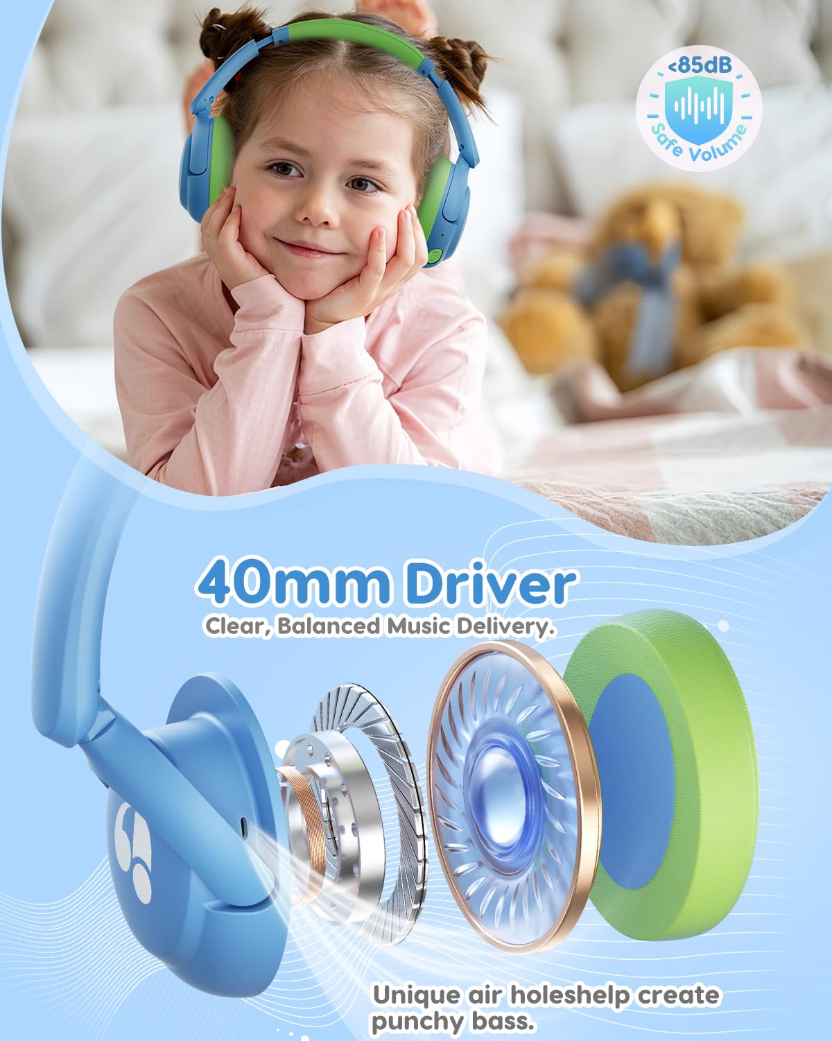 awatrue Cuffie Bluetooth per Bambini, Tasti Giganti & Microfono Integrato, Bluetooth 5.4 + Cavo AUX, Durata Della Batteria di 75 Ore, per l'uso a Scuola/in Viaggio (Bleu Vert)