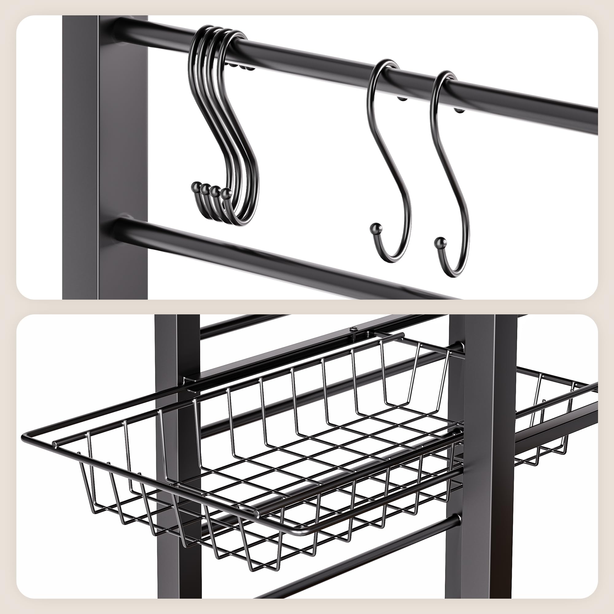 Bealife Scaffale da Cucina per Panetteria, Scaffale a 5 Ripiani con Ganci Laterali e Cestello in Filo, Scaffali in Legno e Metallo, Stile Industriale, 80,5x40,1x169,2 cm (Retro)