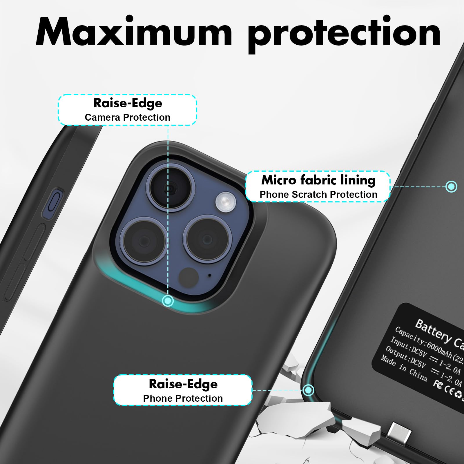 Cover Batteria per iPhone 15 Pro (6.1")，8500mAh Custodia Batteria Protettiva a 360° con Supporto, Power Bank Ricaricabile ed Espandibile, e Pellicola Temperata (Nero)