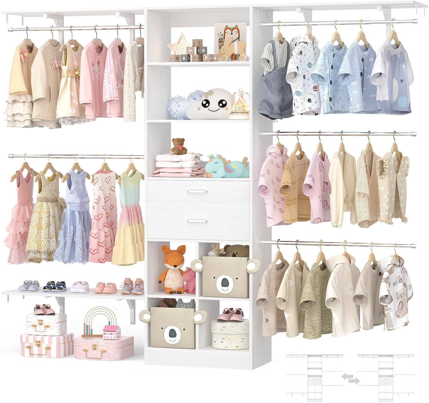 Closet System – 4.75-8FT Closet Organizer System with Wooden Drawers & Cube Storage Organizer, Up To 96″ Closet Systems for Nursery & Walk-In Closets with Cuttable Hanging Shelving, White