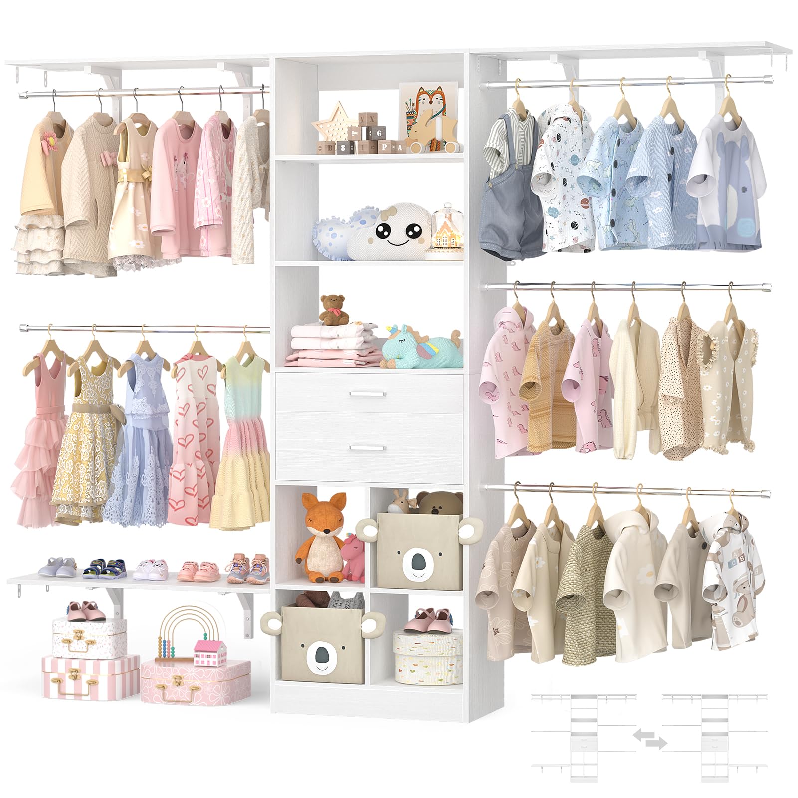 Besiost Closet System - 4.75-8FT Closet Organizer System with Wooden Drawers & Cube Storage Organizer, Up To 96