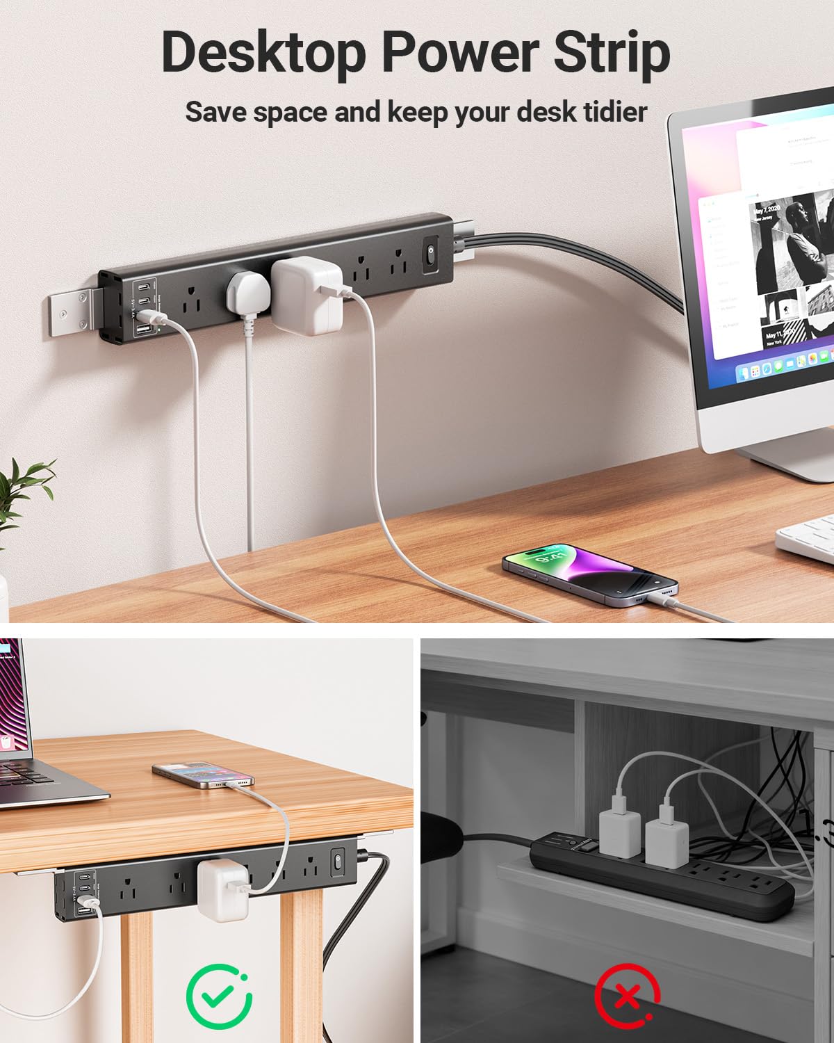 Tira de alimentación plana para debajo del computadora, cable de extensión de 6 pies, protector de sobretensiones para montaje en pared, 6 salidas de CA + 2 puertos USB A y 2 puertos de
