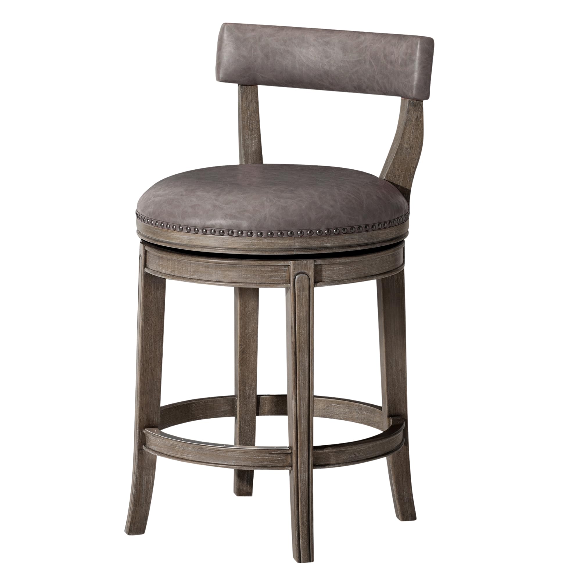 Maven Lane Alexander 26 Inch Tall Counter Height Rotating Low Back Barstool in Reclaimed Oak Finish with Ronan Stone Vegan Leather Seat
