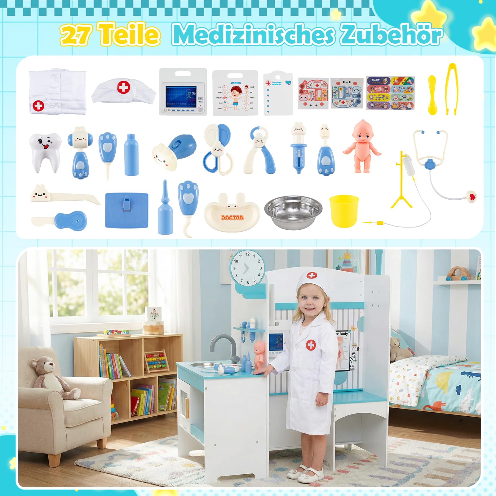 DREAMADE Doktor Spielset Holz, Krankenhaus Spielzeug für Kinder | Arztkoffer Arzt Rollenspielzeug mit Untersuchungszimmer & Waschbecken, Medizinisches Zentrum mit Check-in & Wartebereich