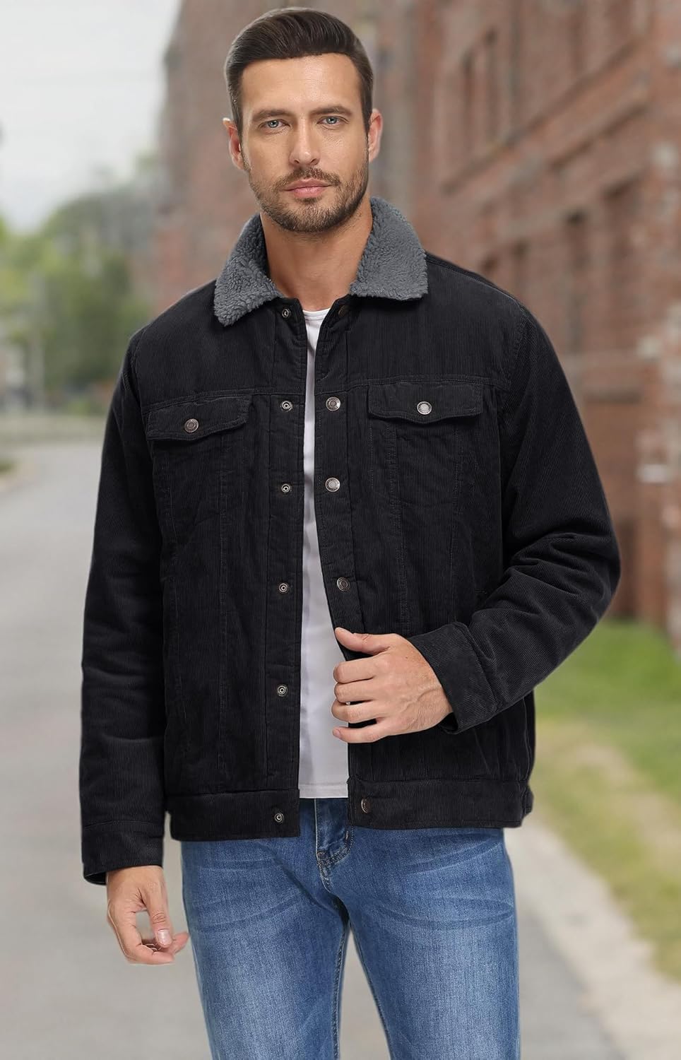 TACVASEN Men's Corduroy Jacket Fleece Sherpa Lined Winter Coats Warm Cotton Casual Trucker Cargo Jacket with Multi Pockets - Image 8