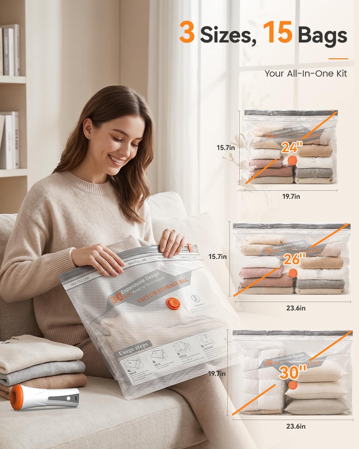 Vakuumbeutel für Kleidung, platzsparende Beutel mit wiederaufladbarer, kabelloser Luftpumpe, Kompressions-Verpackungsbeutel für Verpackung, Gepäck und saisonale Aufbewahrung (15 Kombi-Set)
