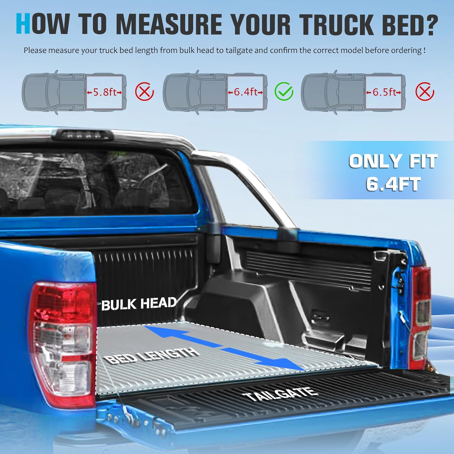 6.4FT Soft Roll Up Truck Bed Tonneau Cover for 2019-2025 Ram 1500 New Body (NOT FIT 19-23 Classic) Without rambox 6.4 FT (76") Bed Styleside Fleetside