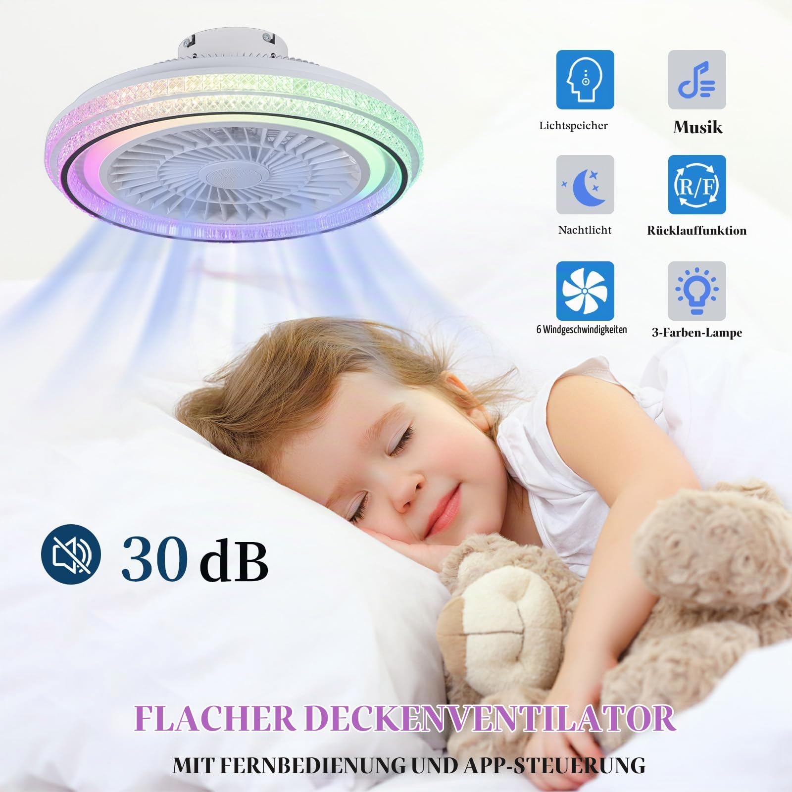 RGB Alexa Licht Mit Ventilator Und Bluetooth-lautsprecher Kinder LED Dimmbare Deckenventilator Mit Licht Und Fernbedienung Leise 6 Geschwindigkeit Für Schlafzimmer Wohnzimmer Party