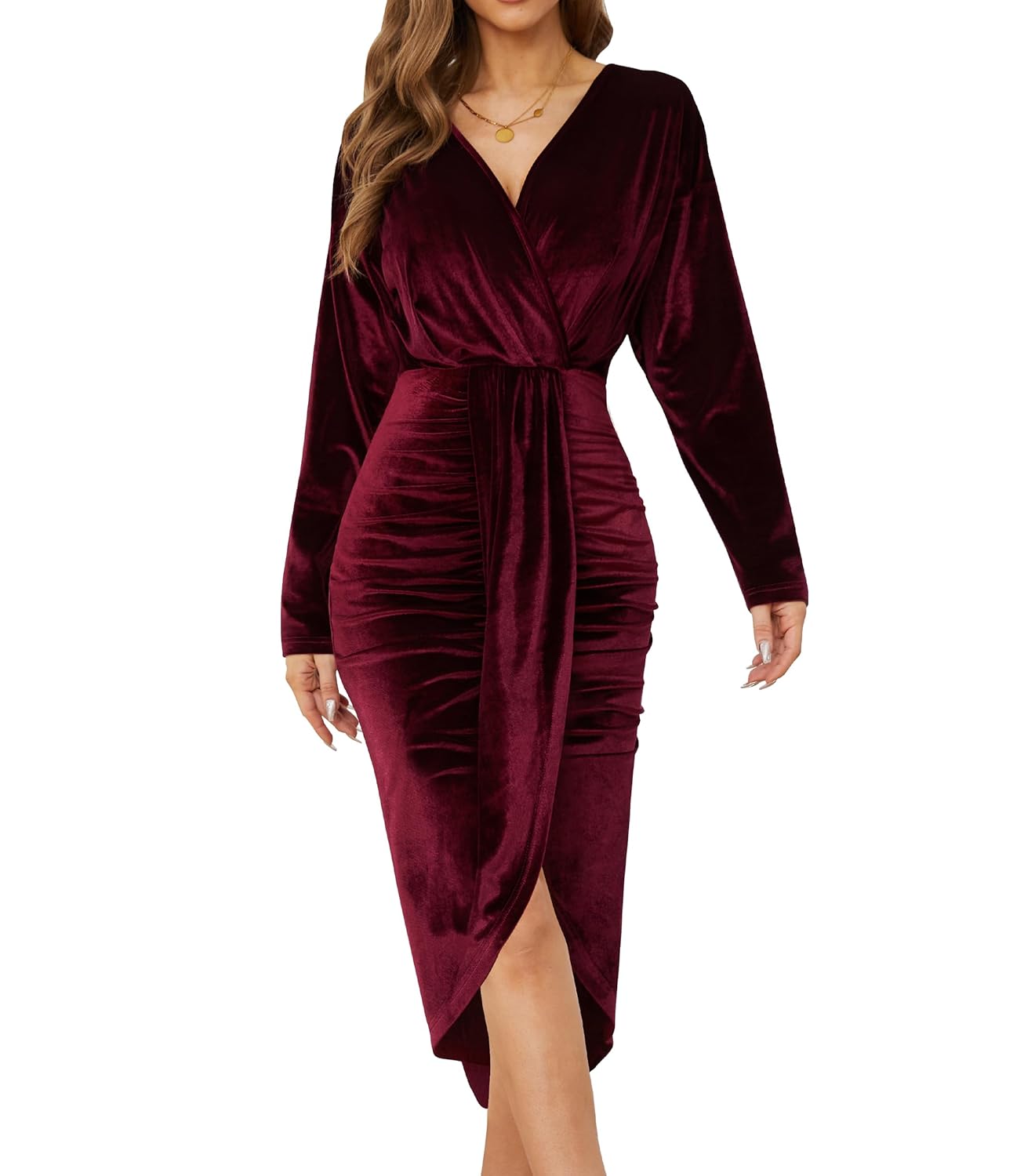 Womens V Neck Long Sleeve Ruched Dress Sexy Velvet Cocktail Party Evening Club Midi Dresses