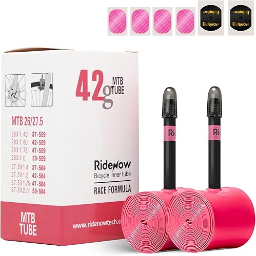 Miniatura 17 de RideNow - Paquete de 2 tubos interiores para bicicleta MTB de 24//26/27.5/29 pulgadas para 1.3-2.0/1.9-2.5, con válvula Presta de metal/TPU de