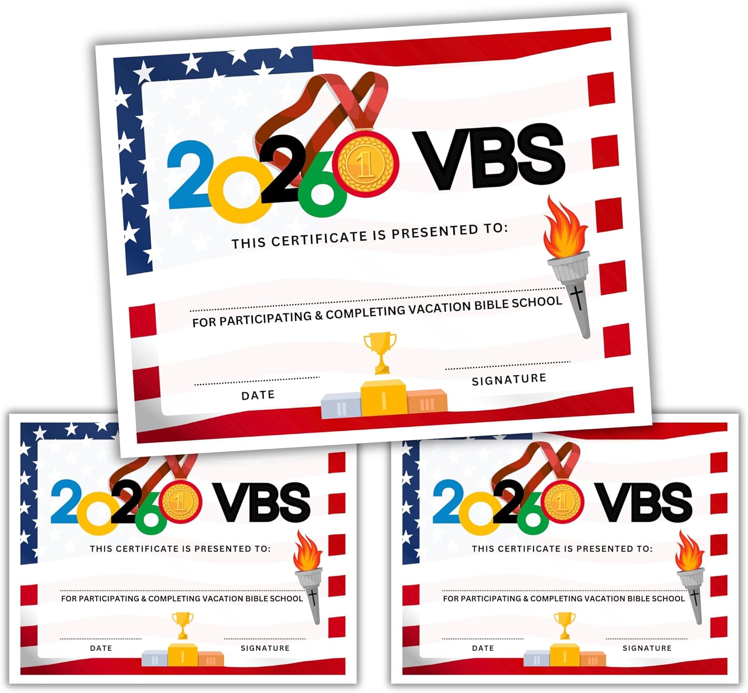 Vacation Bible School Certificate of Completion Award | 50 pk 8.5x11” VBS Sports Competition Christian Participation Olympic