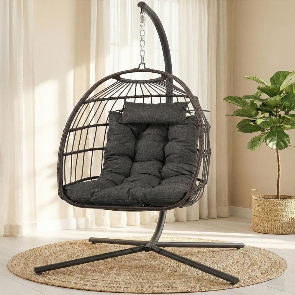 SereneLife Sedia a uovo sospesa con supporto, sedia a dondolo in vimini e rattan, struttura in acciaio verniciato a polvere, cuscino imbottito e poggiatesta, ideale per camera da letto, patio, cortile