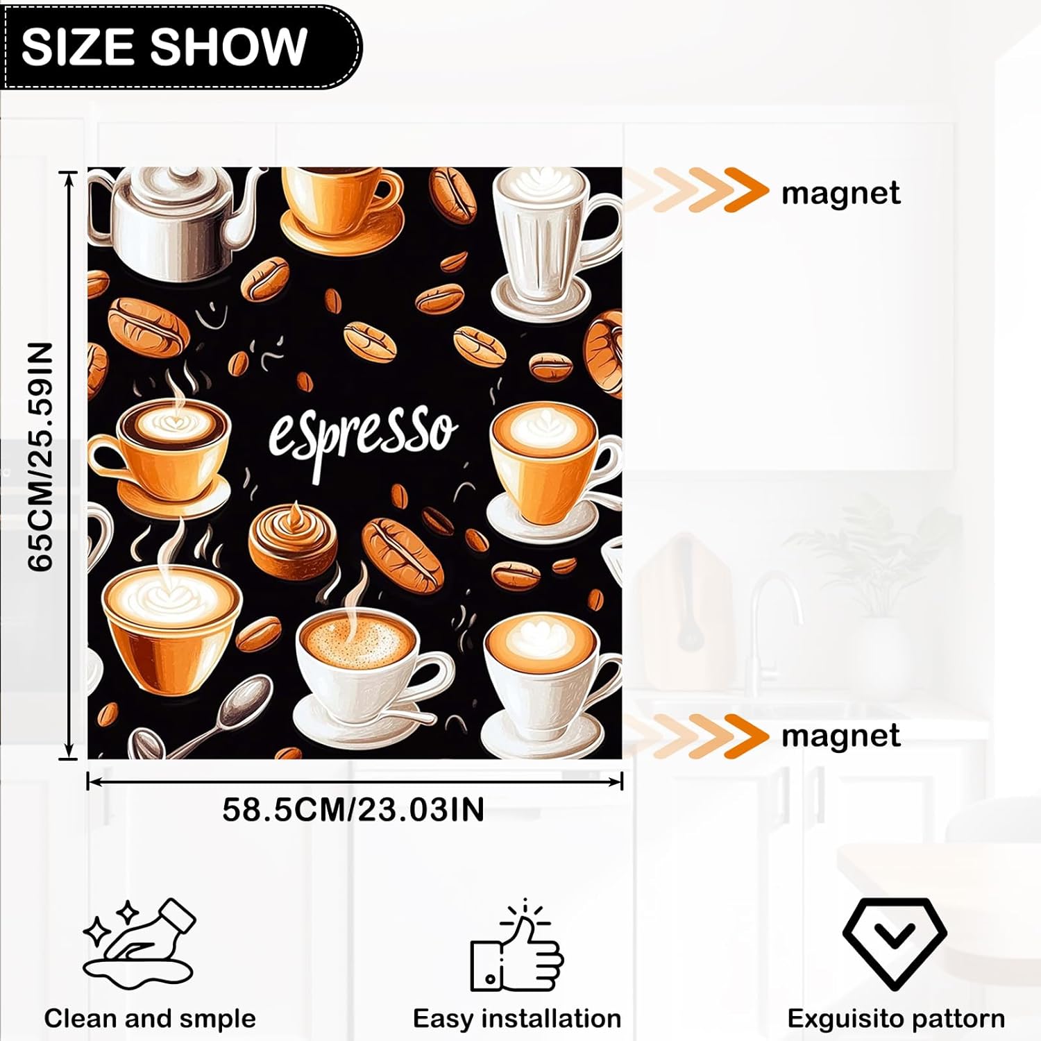 Nuxovilar Dishwasher Magnets Cover Decorative 25.59×23.03inch PVC Espresso Coffee Print Decorative Dishwasher Magnets Cover Kitchen Counter Cafe Dining spot