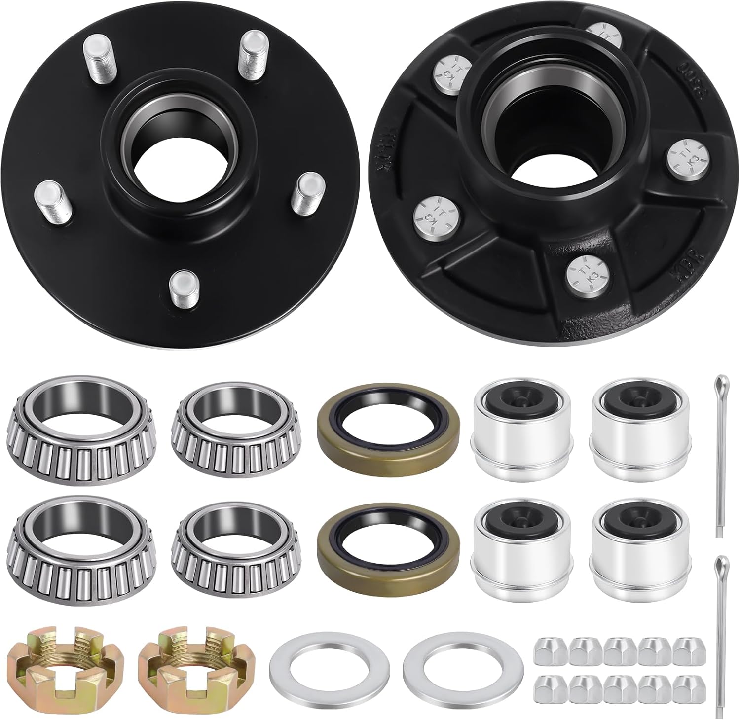 Trailer Hub Kit 5 Bolt 4.5, Trailer Hub Assembly Fits 1-1/16'' to 1-3/8" Trailer Axles 3500 lbs #84 Spindle, Trailer Hubs 5 Lug with Extra Dust Cap and Rubber Plug (2 Sets)