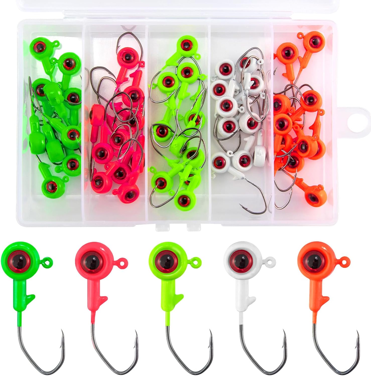 Alwonder 50-Pack Crappie Jigs Ice Fishing jig Heads Hooks with 3D Eyes, Eye-Catching Vivid Crappie Panfish Lures Bass Trout Fishing Jig Head, 1/32oz 1/16oz 1/8oz Jigs Heads Freshwater