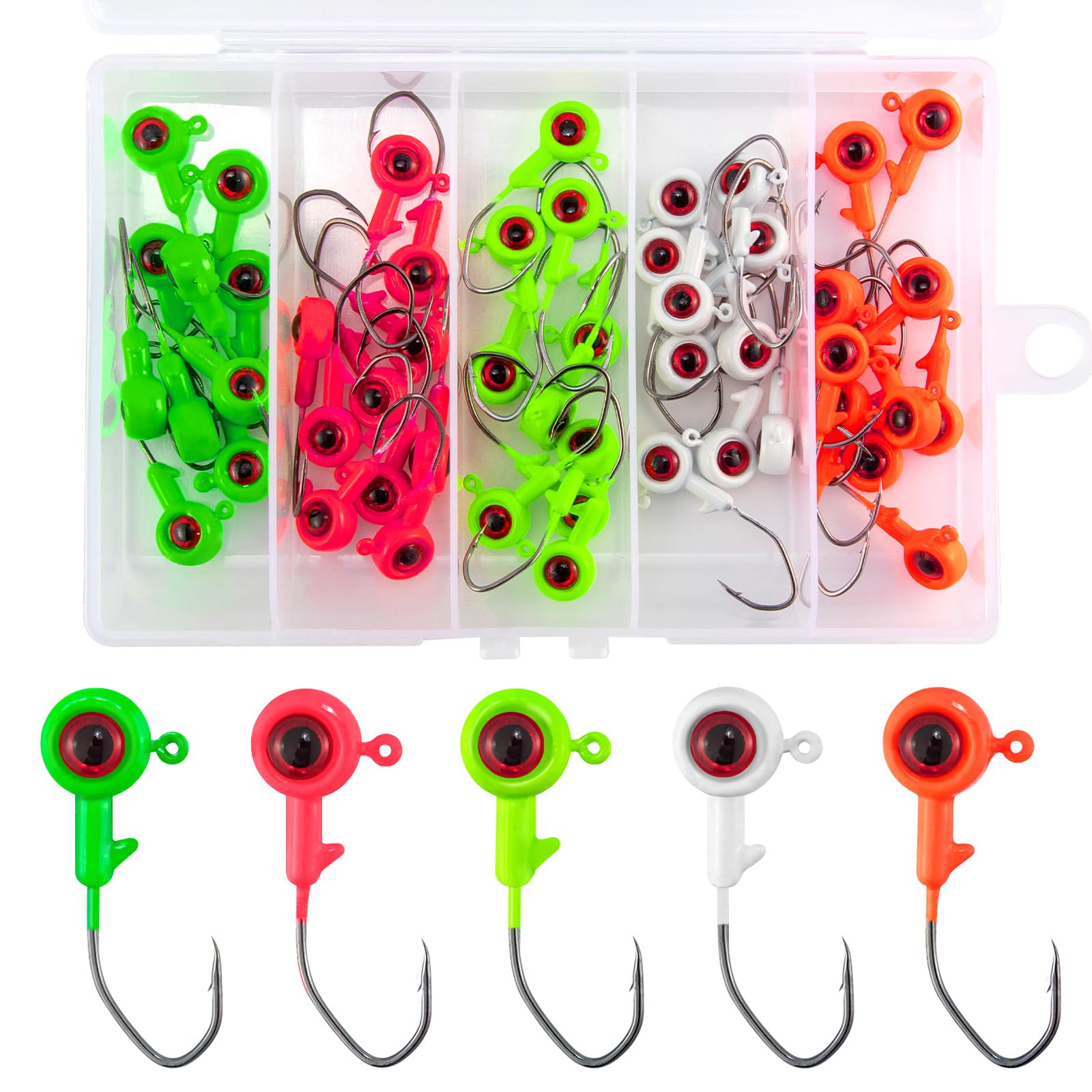 Alwonder 50-Pack Crappie Jigs Ice Fishing jig Heads Hooks with 3D Eyes, Eye-Catching Vivid Crappie Panfish Lures Bass Trout Fishing Jig Head, 1/32oz 1