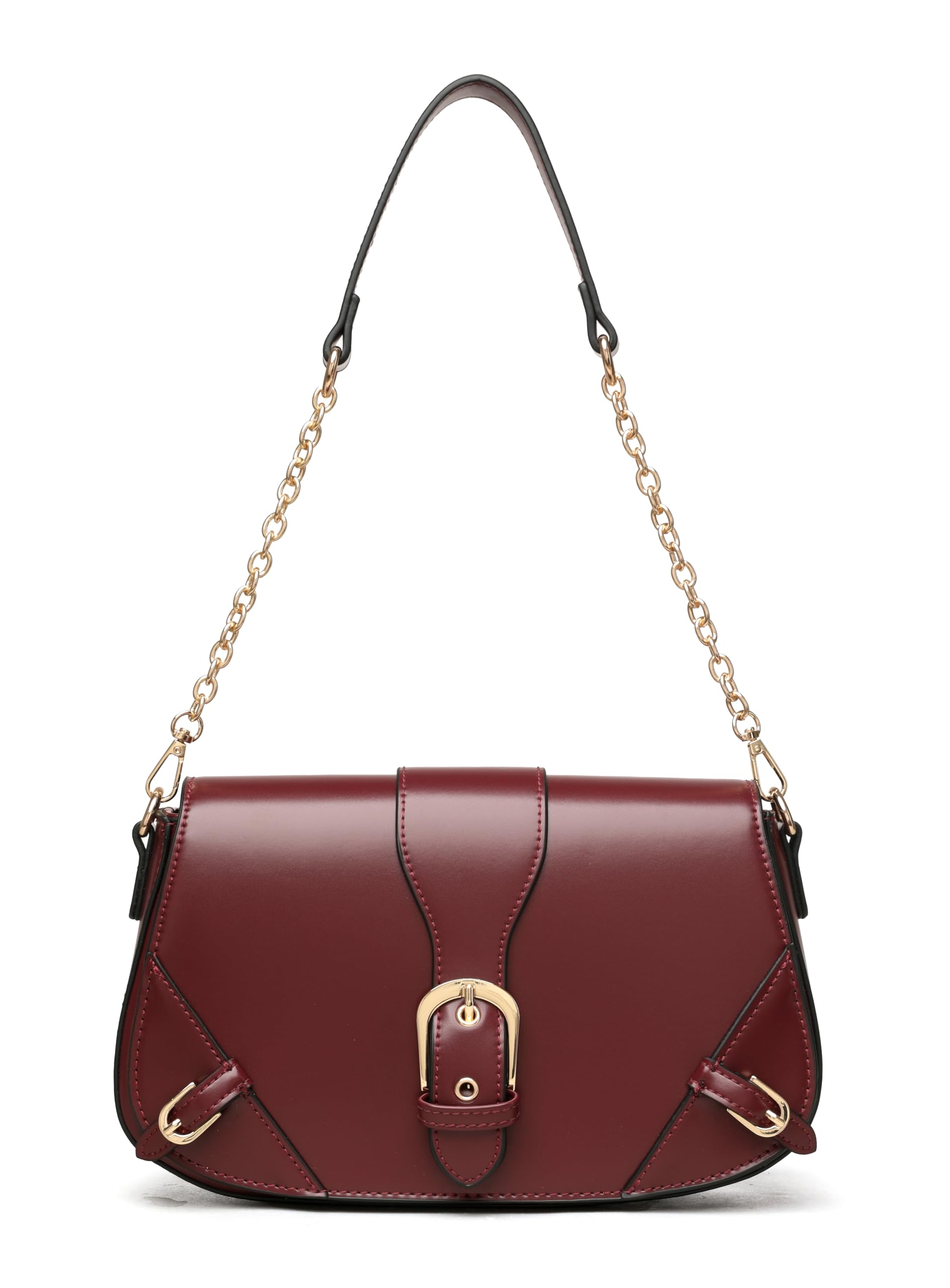 Women's Burgundy Leather Shoulder Bag with Gold Chain Strap, Buckle Flap Closure, Crossbody Handbag-image-5