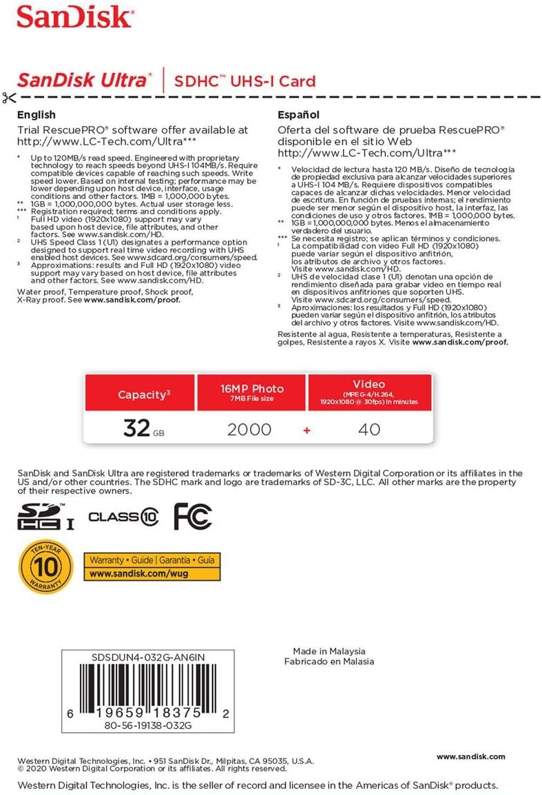 SanDisk 32GB Ultra UHS-I Class 10 U1 SDHC Memory Card, 120MB/s Read, 10MB/s Write : Electronics